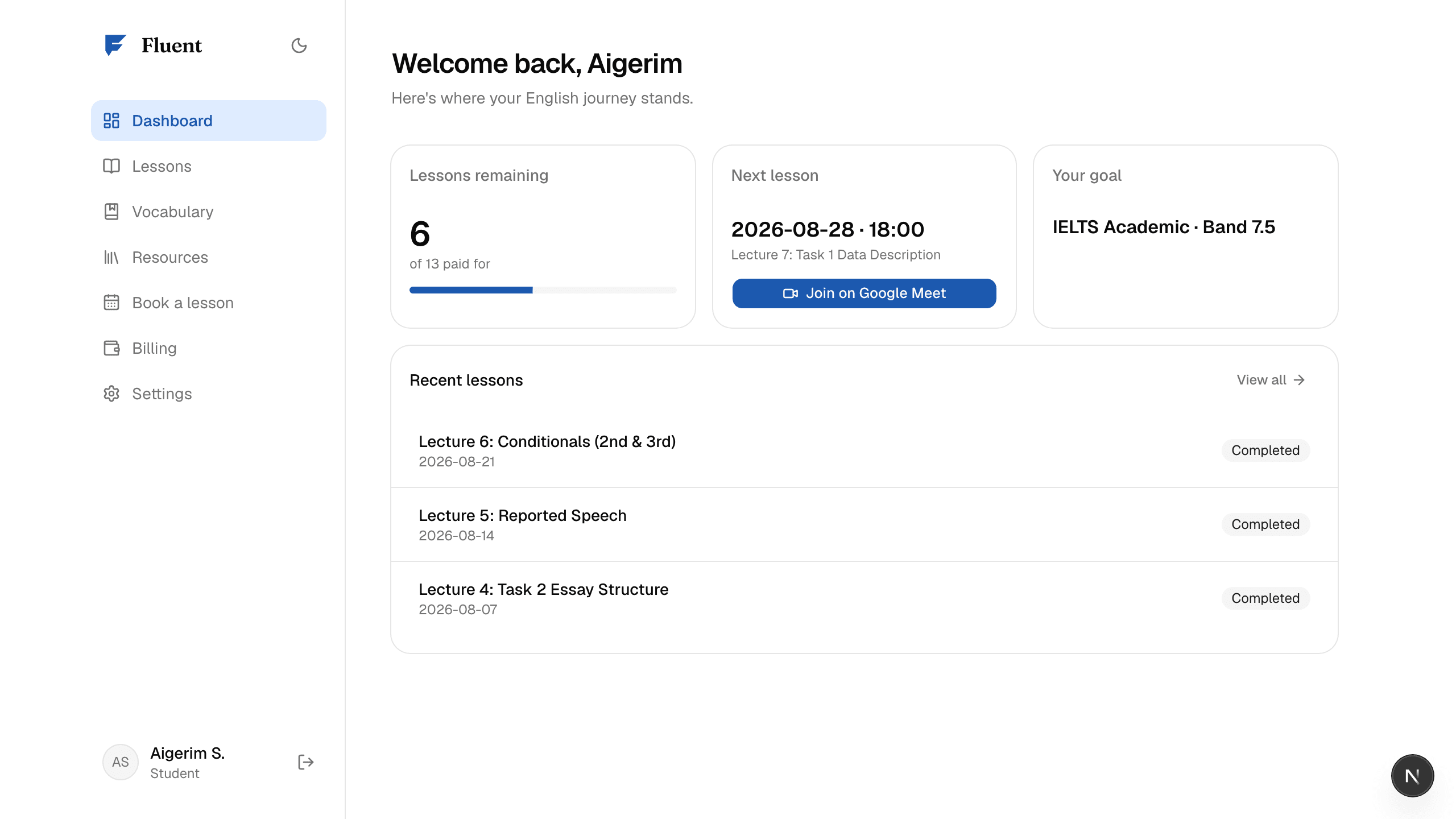 Личный кабинет ученика на портале Fluent — репетитор английского языка и IELTS в Алматы, осталось занятий, следующий урок и цель по IELTS